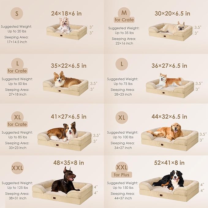 EHEYCIGA Orthopedic Dog Beds for Extra Large Dogs, Waterproof Memory Foam XXL Dog Bed with Sides, Non-Slip Bottom and Egg-Crate Foam Big Pet Couch Bed with Washable Removable Cover, Greige