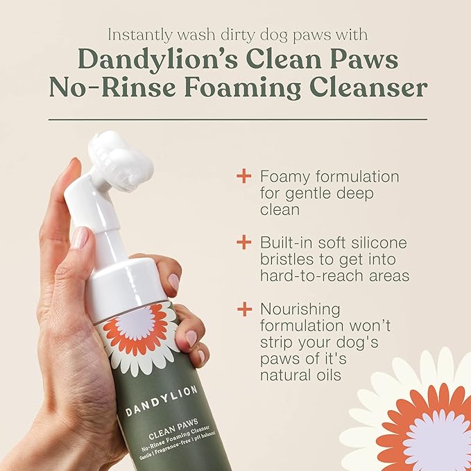 Dandylion Clean Paws | No-Rinse Dog Paw Cleaner & Puppy Paw Washer | Gentle, Fragrance-Free, pH Balanced Foaming Cleanser with Silicone Bristle Brush | Safe for All Dogs | 5 fl oz