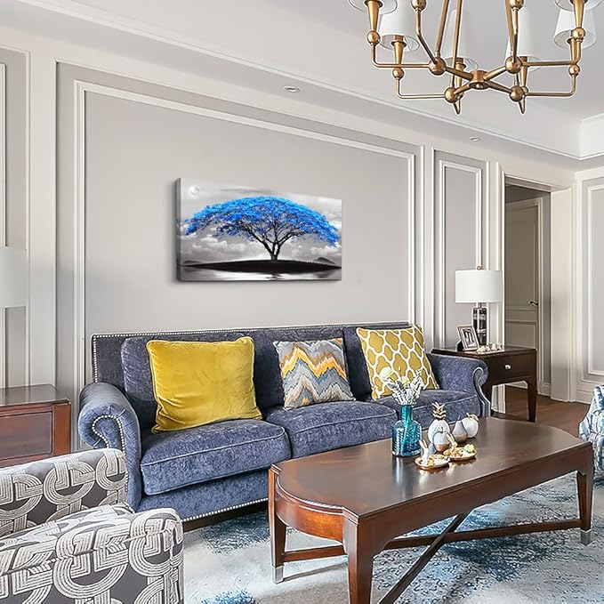 canvas wall art for living room bathroom Wall Decor Black and white landscape Blue tree moon painting to Hang Home Decorations for office bedroom kitchen Works canvas Prints pictures 24" x 48"inch