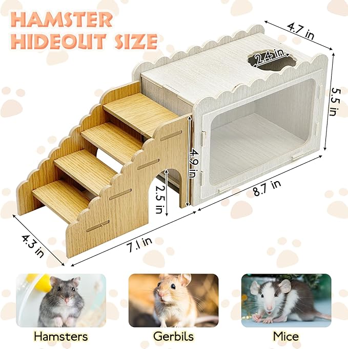 Fhiny Hamster Hideout Wooden Chamber with Climbing Ladder, Visible Hamster Digging Box with Acrylic Transparent Board Gerbil Platform Exploring House Habitat Decor for Dwarf Hamsters Gerbils Mice