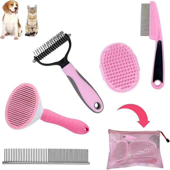 Dog Grooming Kit - Deshedding Brush for Short Hair, Slicker Brush, Flea Comb, Puppy Brush Set in Pink