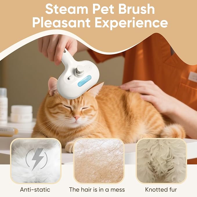 3-in-1 Cat Steam Brush – Pet Grooming & Shedding Comb with Gentle Steam Spray, One-Click Hair Release, for Long & Short Hair Cats & Dogs (White)