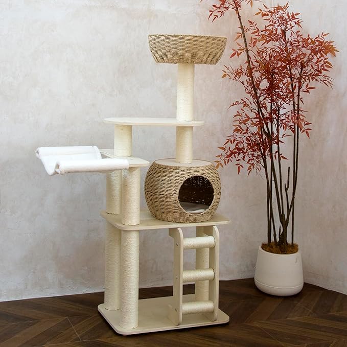 54 Inch Cat Tree for Indoor Cats, Tall Wooden Cat Tower with Scratching Posts, Rattan Condo and Perch, Multi-Level Cat Climber, Stylish Pet Furniture