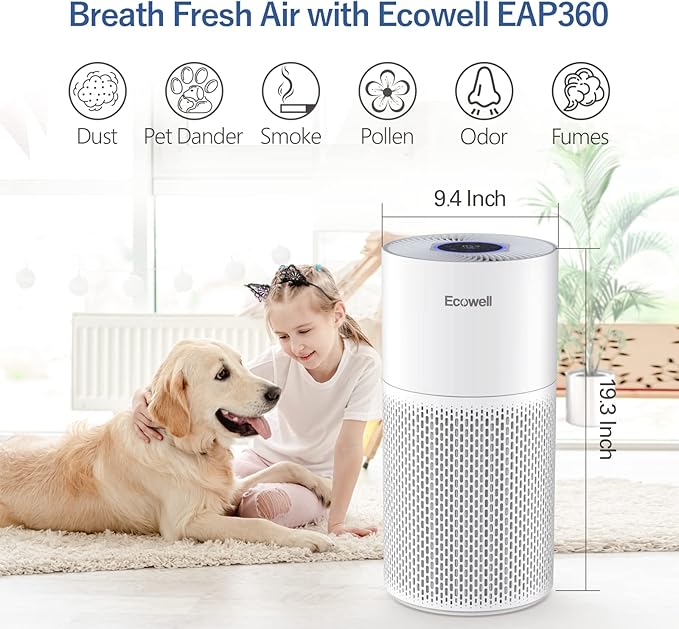Air Purifiers for Home Large Room with Air Quality Sensor, Covers Up to 1640 Sq Ft, HEPA Filter, 360°Air Intake, Remove 99.97% Mold, Pet Dander, Dust, Odor, Smoke, ECOWELL Model: EAP360, White