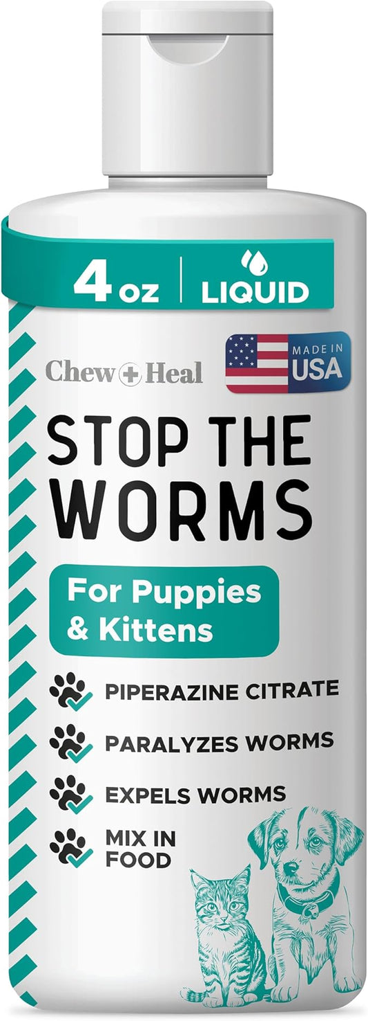 Dog and Cat Dewormer Liquid - 4 oz Wormer Solution to Paralyze and Expel Roundworms - Kitten and Puppy Dewormer