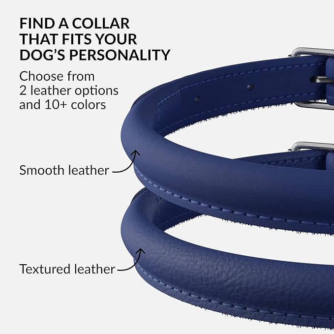 CollarDirect Rolled Leather Dog Collar, Soft Padded Round Puppy Collar, Handmade Genuine Leather Collar Dog Small Large Cat Collars 13 Colors (13-16 Inch, Deep Blue Smooth)