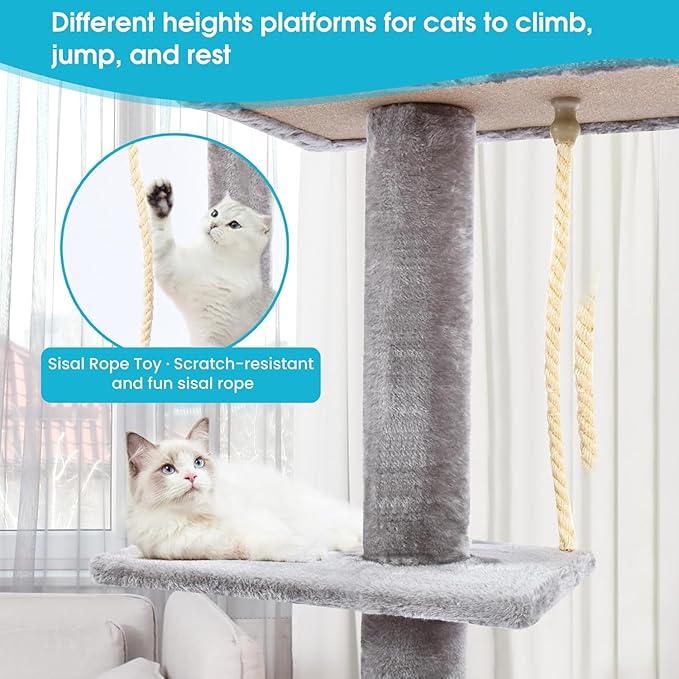 Cat Tree 5-Tier Floor to Ceiling, 89-109 Inch Adjustable Height Cat Tower with Cozy Hammock, Cat Climbing Tree for Indoor Cats, Gery
