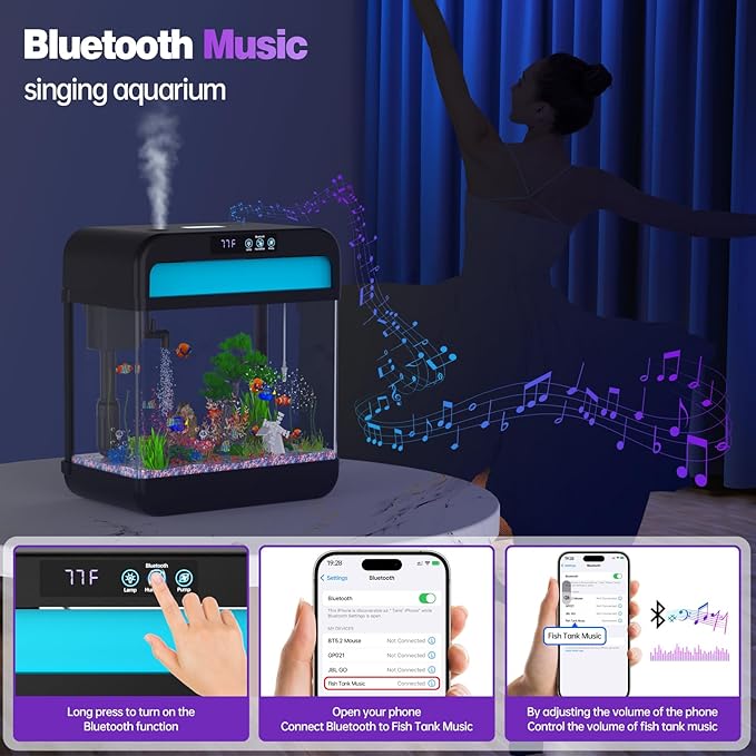 Fish Tank 2.2 Gallon Fish Aquarium with Music Humidifier 7 Color Auto-Looping Light Adjustable Water Pump with Filtration & Aeration & Circulation, Temperature Display, Bottom Water Changer