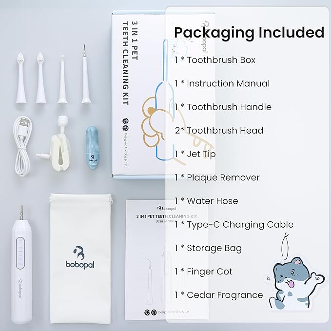 Dog Tooth Brushing Kit,3-in-1 Dog Teeth Cleaning Tools,Ultrasonic Electric Toothbrush & Plaque Remover for Dogs with Water Flosser for Teeth,2 Modes & 3 Intensity Levels,IPX7,1100mAh Battery
