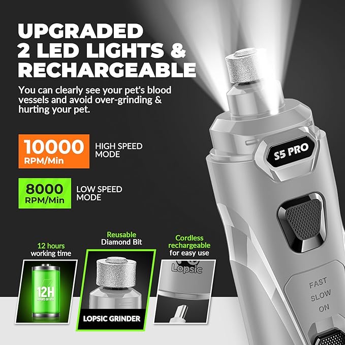 Dog Nail Grinder with 2 LED Lights Powerful 2 Speeds Super Quiet Dog Nail Trimmers with 3 Grinding Wheels Rechargeable Pet Dog Nail Clippers for Large Medium Puppy Dogs Dog Nail File Cat Nail Clipper