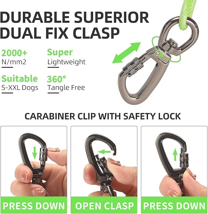 Dog tie Out Cable, 10/20/25/30/50/70/100 feet, Suitable for Dogs up to 350 pounds, Dog Cable with Swivel Buckle, Lightweight, Non-Winding, for Outdoor Camping, Yard Dog Cable (Green, 100FT)