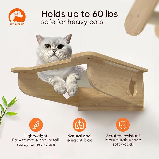 Cat Wall Furniture Set - Bamboo Shelves, Ladders, Cat House, Hammock & More - Space-Saving, Easy Installation, Up to 60lbs