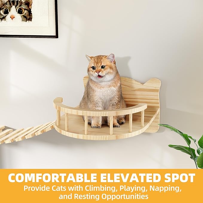 Cat Wall Shelves, Cat Wall Furniture Pine Wooden Feline Shelf, 16 Piece Feline Shelves and Perches with Condos, House, Steps, Bridge Ladder, Scratching Post and Tunnel