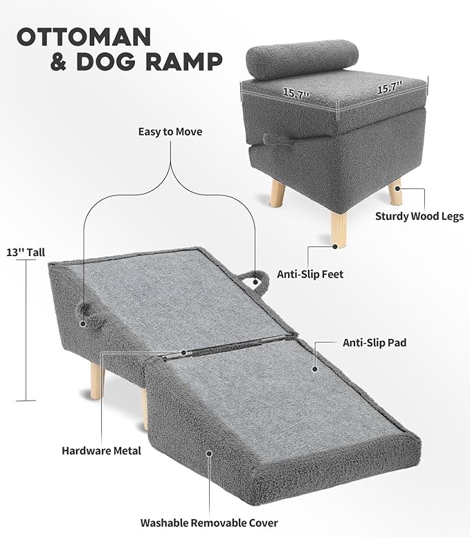 Dog Stairs for Small Dogs and Cats – 2-in-1 Dog Ramp for Bed and Couch, 16.5'' Foldable Wooden Pet Steps, Sturdy Multi-Use Split Ottoman Design, Dark Grey