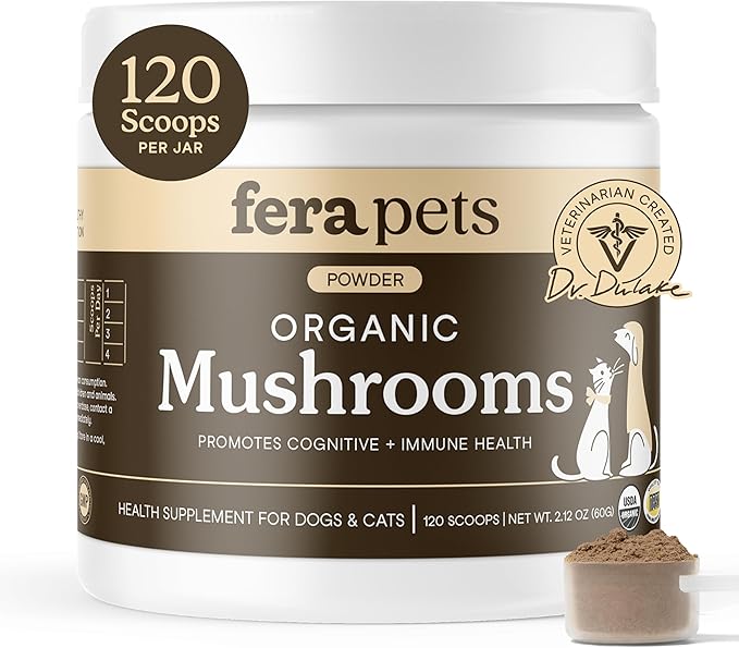 Fera Pets Mushroom Supplement for Dogs & Cats with Turkey Tail - USDA Organic - Cognitive and Immune Support - Enhances Liver Function - Supports a Healthy Gut - Powder - 120 Scoops