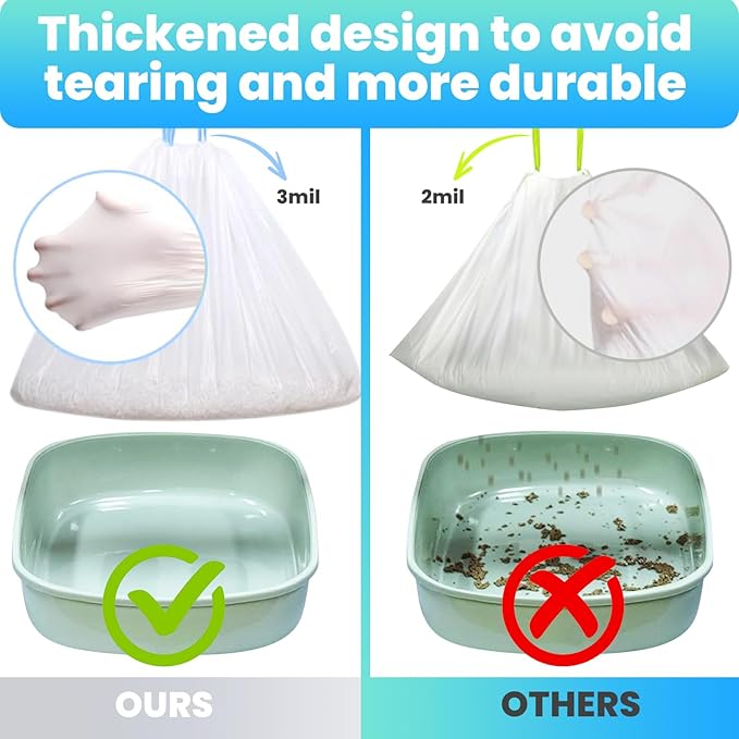 60 Pack Large Cat Litter Bags - 3MIL Extra Thick Leakproof Litter Box Liners, 31"x18" Heavy Duty Drawstring Cat Litter Liners for Automatic Litter Box, Odor Control Disposable Kitty Litter Bags 6 Roll