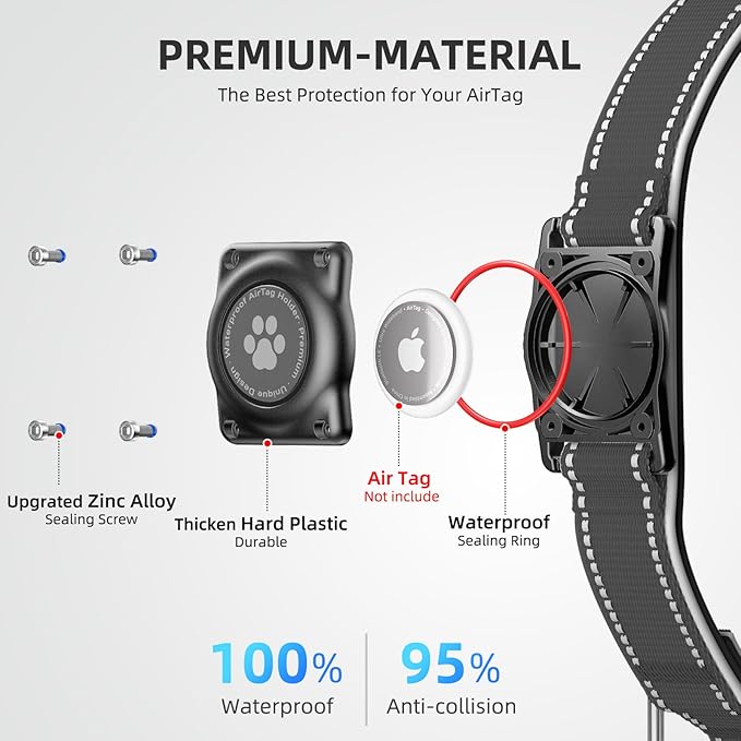 Airtag Dog Collar - 100% Waterproof Air tag Dog Collar Holder for Apple AirTag, Reflective, Soft Padded, Everlasting, GPS Dog Collar for Small Medium Large Dogs (Black, M)