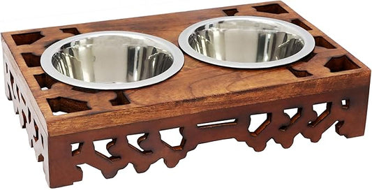 Elevated Pet Feeder for Dogs and Cats - Hand Carved Wood Bones Raised Dog Bowl Stand - Pet Feeding Stand with Two Steel Bowls - Raised Dog Bowl for Food Water - Pet Feeding Station -17x11x4- IRONGATE