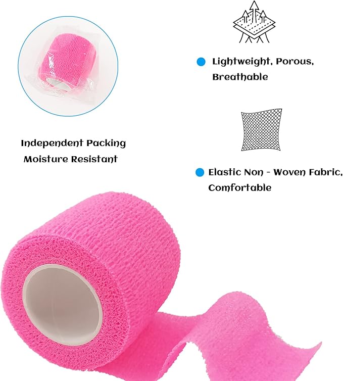 24 Rolls Pink Elastic Self Adhesive Bandage Wrap, Breathable Flexible Fabric Non Woven Cohesive Bandage, Ankle Sprains Swelling Medical First Aid Sports Athletic Tape, Dogs Pet Vet Wrap 2 in x 5 Yards