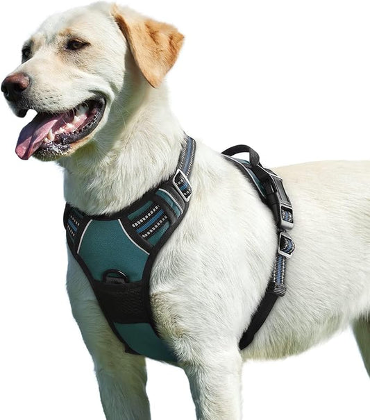 Eagloo Dog Harness for Large Dogs, No Pull Service Vest with Reflective Strips and Control Handle, Adjustable and Comfortable for Easy Walking, No Choke Pet Harness with 2 Metal Rings, Dark Green, L