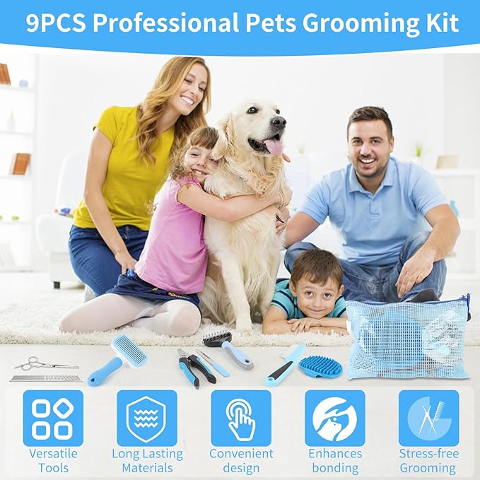 Cat Grooming Brush, 9PCS Dog Brush Kit with Pet Nail Clipper and File, Deshedding Brush for Cats, Cats Dog Shedding Brushs for Small Large Pets, Includes Flea Comb, Bath Brushs,Undercoat Rake (Blue)