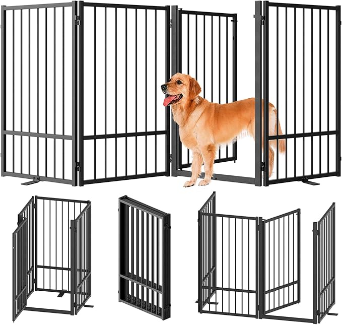 Full Metal Freestanding Dog Gate with Door, 36''Height Foldable Pet Dog Fence for Indoor & Outdoor, 4 Panels Extra Wide Free Standing TallDog Gates for Doorways,House,Stairs,Porch,Deck,Yard