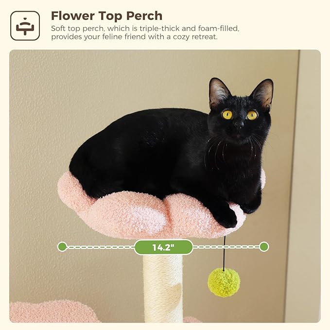 Flower Cat Tree, 62-Inch Tall Multi-Level Cat Tower with Scratching Posts for Large Indoor Cats, Plush Bed w/Padded Perches, Scratching Pad & 2 Green Pompoms, Pink