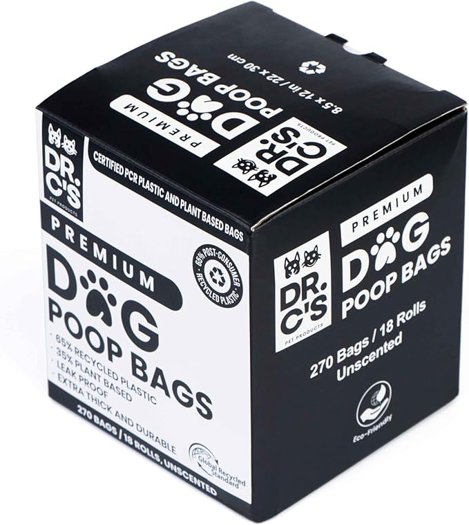 Certified 65% PCR (Post Consumer Recycled) Plastic and 35% Plant Based Dog Poop Bags - Dr. C's Premium Dog Poop Bags - 270 Bags / 18 Rolls, Extra thick, Leak Proof, Unscented, Earth Friendly