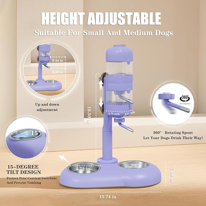 Dog Bowls with Puppy Weaning Bottles,3 in 1 Bowl Set with Water Dispenser and 2 Food Grade Stainless Steel Dog Bowls,15°Tilted Cat Food and Water Bowl Set for Cats,Bunnies,Ferrets