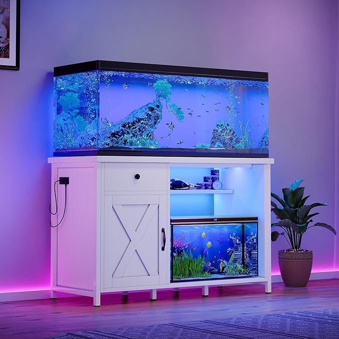 55 Gallon Fish Tank Stand with LED Light & Power Outlets, 55-75 Gallon Aquarium Stand with Drawer & Barn Door, 50" L x 20" W Cabinet for 2 Fish Tank Accessories Storage, Turtle Tank, Antique White