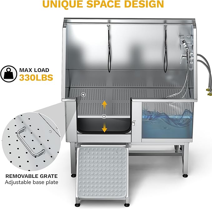 DWVO Professional Pet Dog Bathing Station for Grooming, 50'' Dog Grooming Bathtub with Left Ramp, Floor Grate, Faucet, Showerhead & Soap Holder for Large, Medium & Small Pets