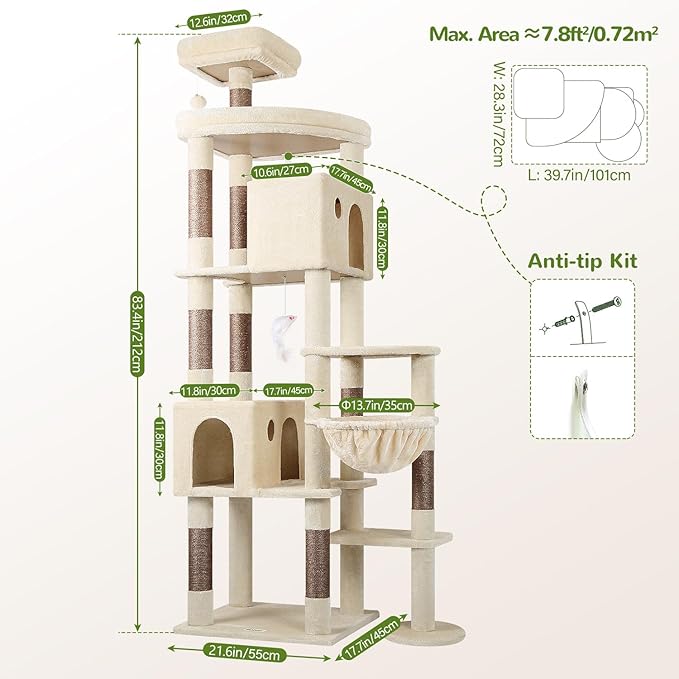 Globlazer Giant Cat Tree, 83 inch Cat Tree for Indoor Cats Large Adult, XXL Cat Tower with 9 Scratching Posts for 20lb+ Heavy Duty Large Adult Cats, F83, Beige