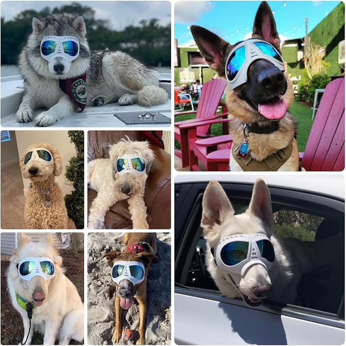 Dog Goggles for Medium-Large Breeds Windproof Anti-UV Pet Sunglasses with Adjustable Straps for Large Dog - White