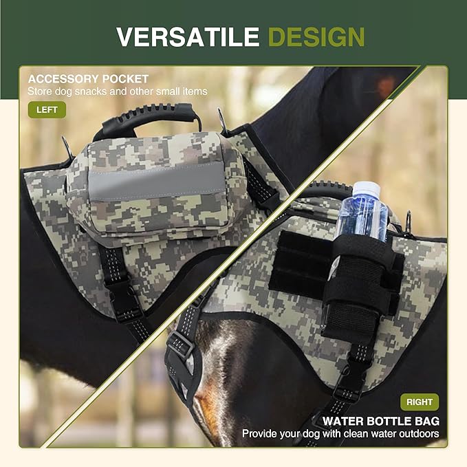 Dog Tactical Harness with Reflective Design, Breathable and Adjustable Tactical Dog Vest, No Choke Harness, Military Grade Gear for Training, Hunting, Outdoor Adventures, Camouflage S