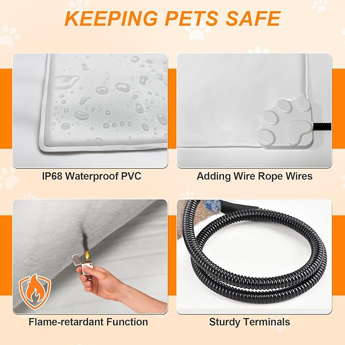 Cat Heating Pad，18×18 In Dog Heated Bed Smart Temperature Control Switch, Metal Protective Pipe Waterproof PVC Cat Beds For Indoor Cats With a Plush Cotton Cover，Heat Lamp For Puppies - Apricot
