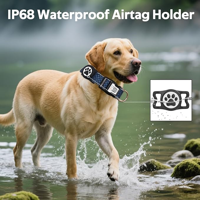 Dog Collar with Waterproof AirTag Holder & Anti-Lost QR Code, Cute Bling Warpping Adjustable Width for Small Medium Large Pet (Blue, M)