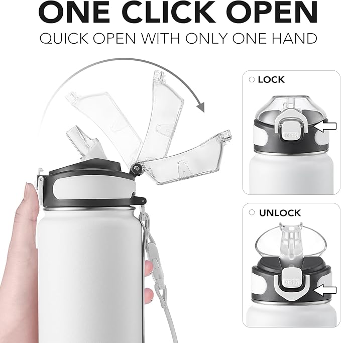 Enerbone 32 oz Insulated Water Bottle, Stainless Steel Bottle with Carrying Strap, Double-Wall Vacuum Insulation Design, Leakproof Sports Bottle with Straw, Keep Drinks Cold or Hot for Hours