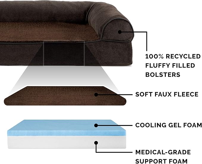 Furhaven Cooling Gel Dog Bed for Large Dogs w/ Removable Bolsters & Washable Cover, For Dogs Up to 95 lbs - Sherpa & Chenille Sofa - Coffee, Jumbo/XL