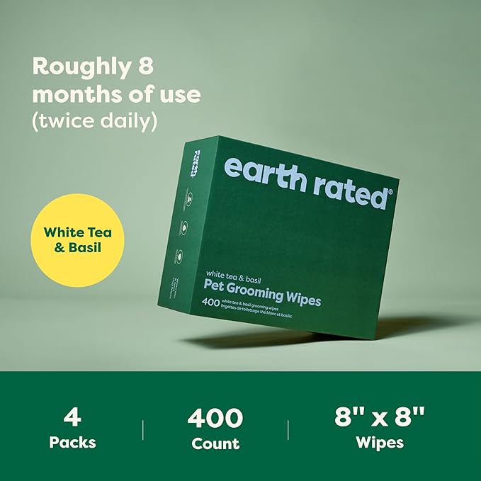 Earth Rated Pet Wipes for Dogs and Cats, Hypoallergenic, 3-in-1 Cleaning, Deodorizing and Hydrating, for Grooming Paws, Body and Butt, New White Tea and Basil Scent, 400 Count