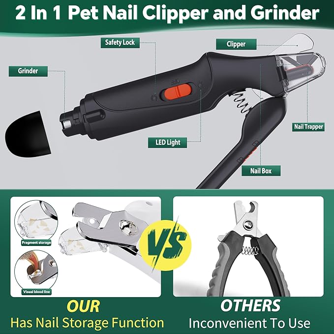 2 in 1 Dog Nail Clippers and Grinder with Lights & Cat Nail Clipper for Large Medium Small Dogs Cats Nail Trimmers USB Rechargeable with 2 LED Lights Dog Claw Care for Non-Black Nails