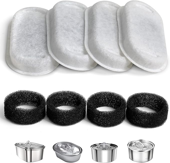 Cat Water Fountain Filter Compatible with Stainless Steel Dispenser, Efficient Filtration with Coconut Shell Activated Carbon and Fresh Water (4 Filters+4 Sponges)