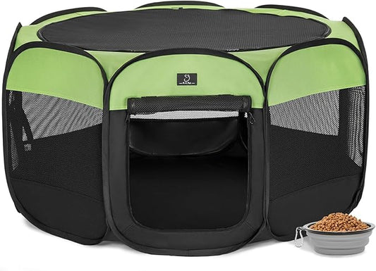 A4Pet Puppy Playpen Indoor, 39.5” Portable Pet Playpen with Bowl, Suitable for Puppies, Kittens, and Small Animals, Removable Zipper & Mesh Panel(16”W × 10”H)