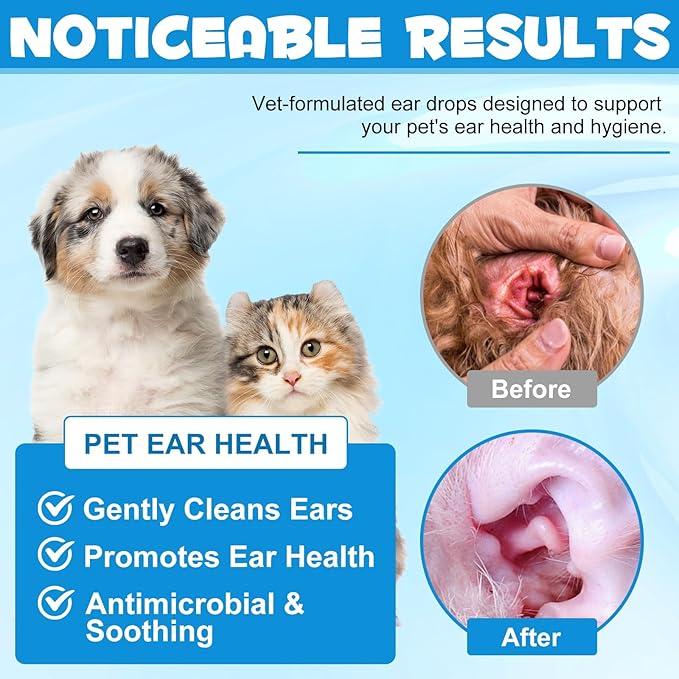 Dog & Cat Ear Infection Treatment Drops, Pets Ear Cleaning Drops with 1% Hydrocortisone for Dog & Cats Yeast Infection, Itchy Ear Relief, Pet Ear Care Supplies for Dogs & Cats -2fl oz
