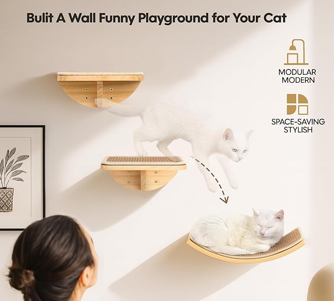 Cat Window Perches, Curved Cat Wall Sisal Mat Bed and 2 Floating Wall Steps, Wall Mounted Climbing Shelves for Sleeping, Playing, and Lounging