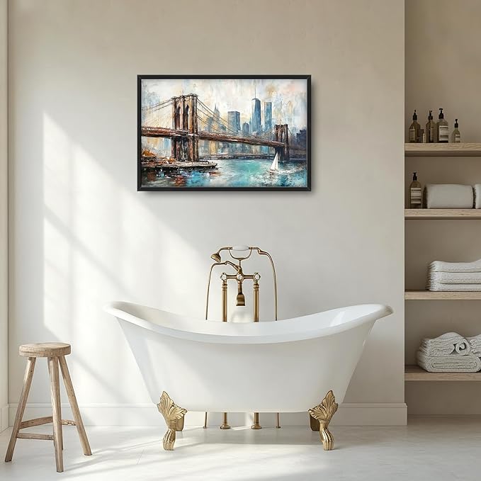 Extra Large Framed Brooklyn Bridge Wall Art,New York City Wall Decor,Abstract Skyline Cityscape Pictures for Living Room,Canvas Print Painting Modern Artwork Bedroom Office Bathroom 36L x24W