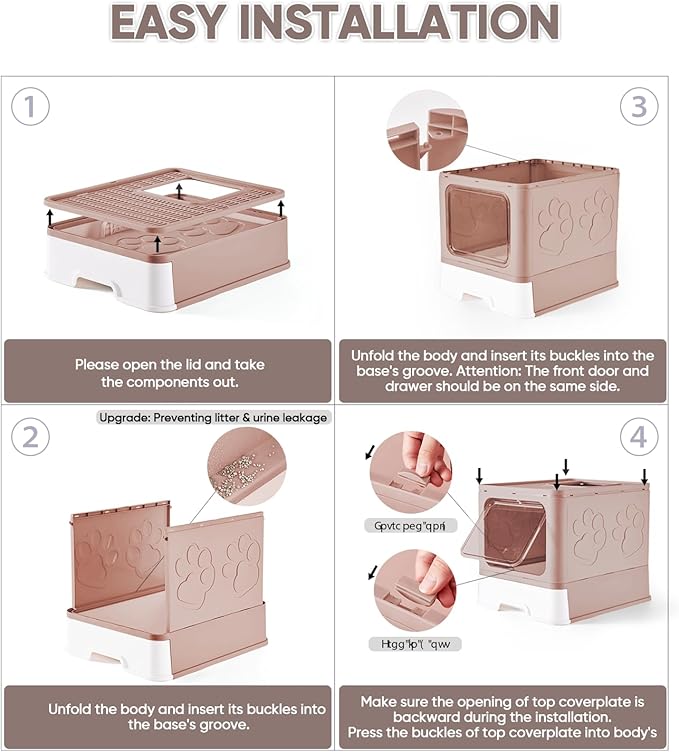 Cat Litter Box with X-Large Litter Mat and Scoop, Large Foldable Litter Box with Lid, Enclosed Kitty Box,Front Top Entry Exit, Odor Control Easy to Clean (Upgrade Coffee)