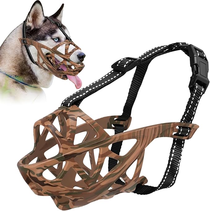 Dog Muzzle for Large Dogs, Breathable Basket Muzzles for Small, Medium and X-Large Aggressive Dog, Allows Panting Drinking, Suitable for Grooming Trimming Training (Camouflage Brown, S)