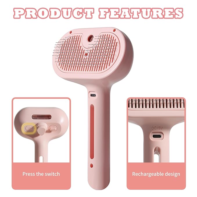 3-in-1 Steam Brush for Cats & Dogs – Hair Removal Comb with One-Click Release & Water Spray – Grooming Brush for Shedding, Long/Short Hair