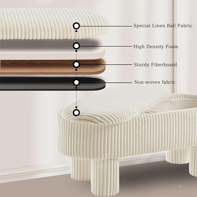 Corduroy Storage Ottoman Bench, 43" Upholstered Oval Footrest with Hidden Storage, Modern Design with Solid Wood Legs for Bedroom, Living Room, and Entryway Furniture, White