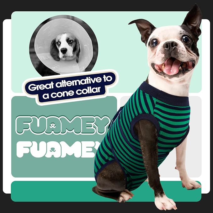 FUAMEY Recovery Suit for Dogs After Surgery,Soft Breathable Dog Bodysuit E-Collar & Cone Alternative Surgical Suit,Male Female Dog Neuter Spay Suits Anti Licking Wounds Onesie Green Black Stripes XS